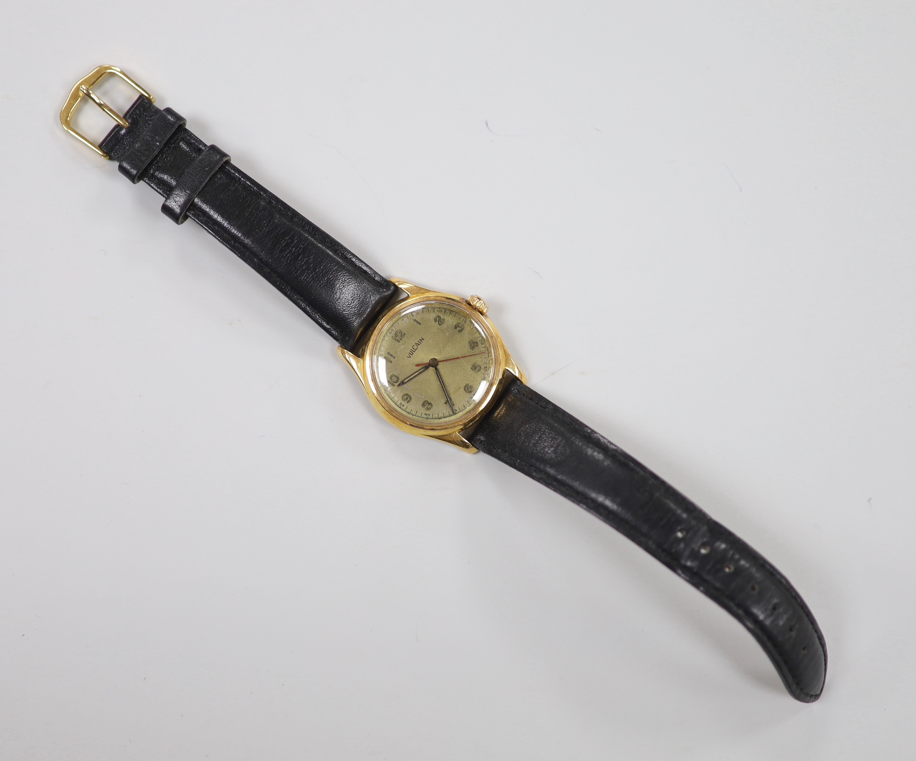A gentleman's late 1940's? 18ct gold Vulcain automatic wrist watch, with Arabic dial, cased diameter 30mm, on later leather strap, gross weight 36.2 grams.